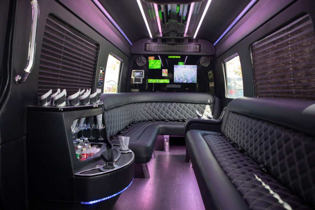 black Benz Sprinter Limousine Style for Special Event Transportation Services for 10-12 passengers interior leather seats view