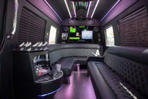 black Benz Sprinter Limousine Style for Special Event Transportation Services for 10-12 passengers interior leather seats view