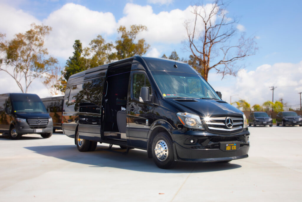 black Benz Sprinter Limousine Style for Special Event Transportation Services for 10-12 passengers door view
